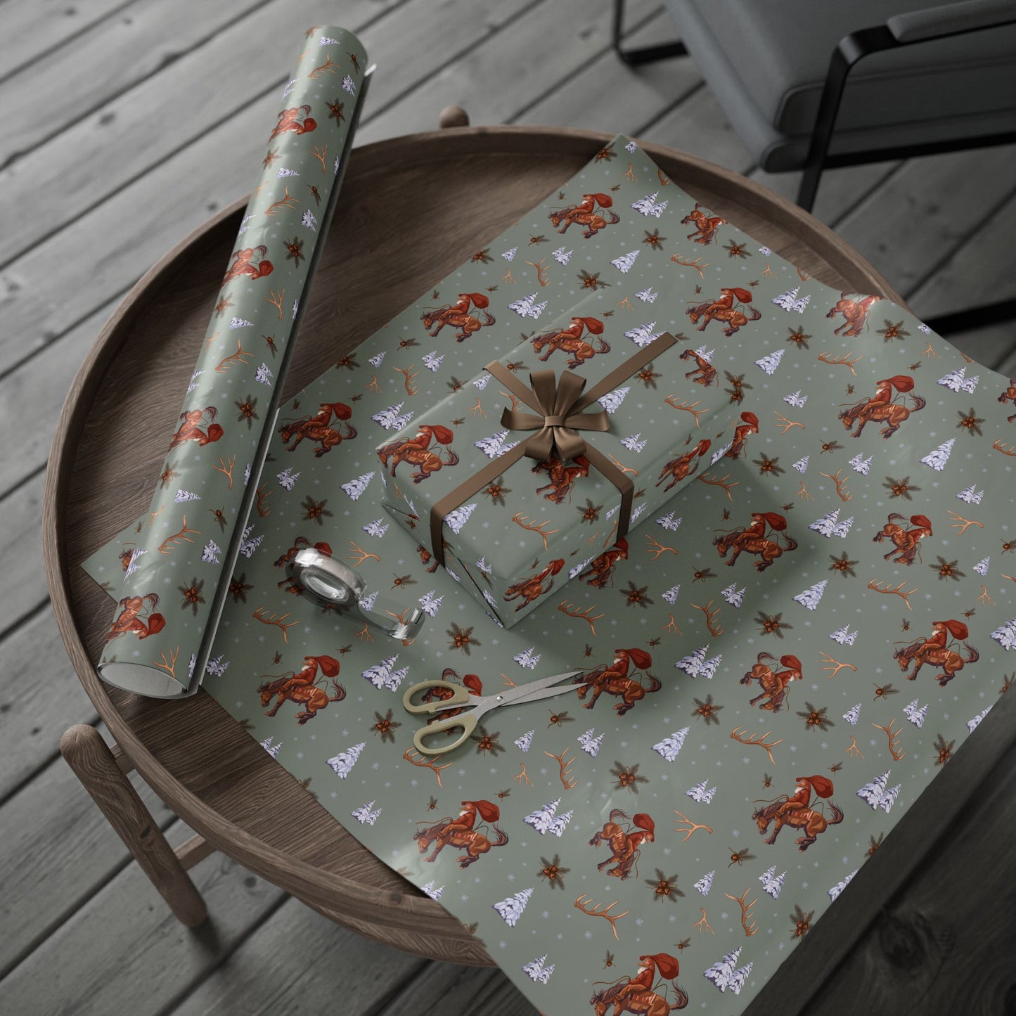 Cowboy Santa Wrapping Paper in Sage