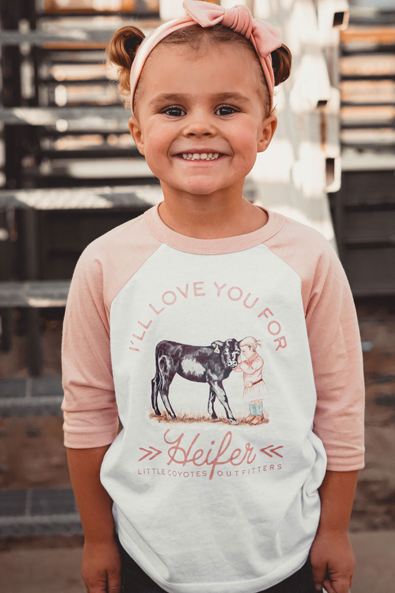 "I'll Love You For Heifer" Kids Graphic Raglan Tee in Peach and White