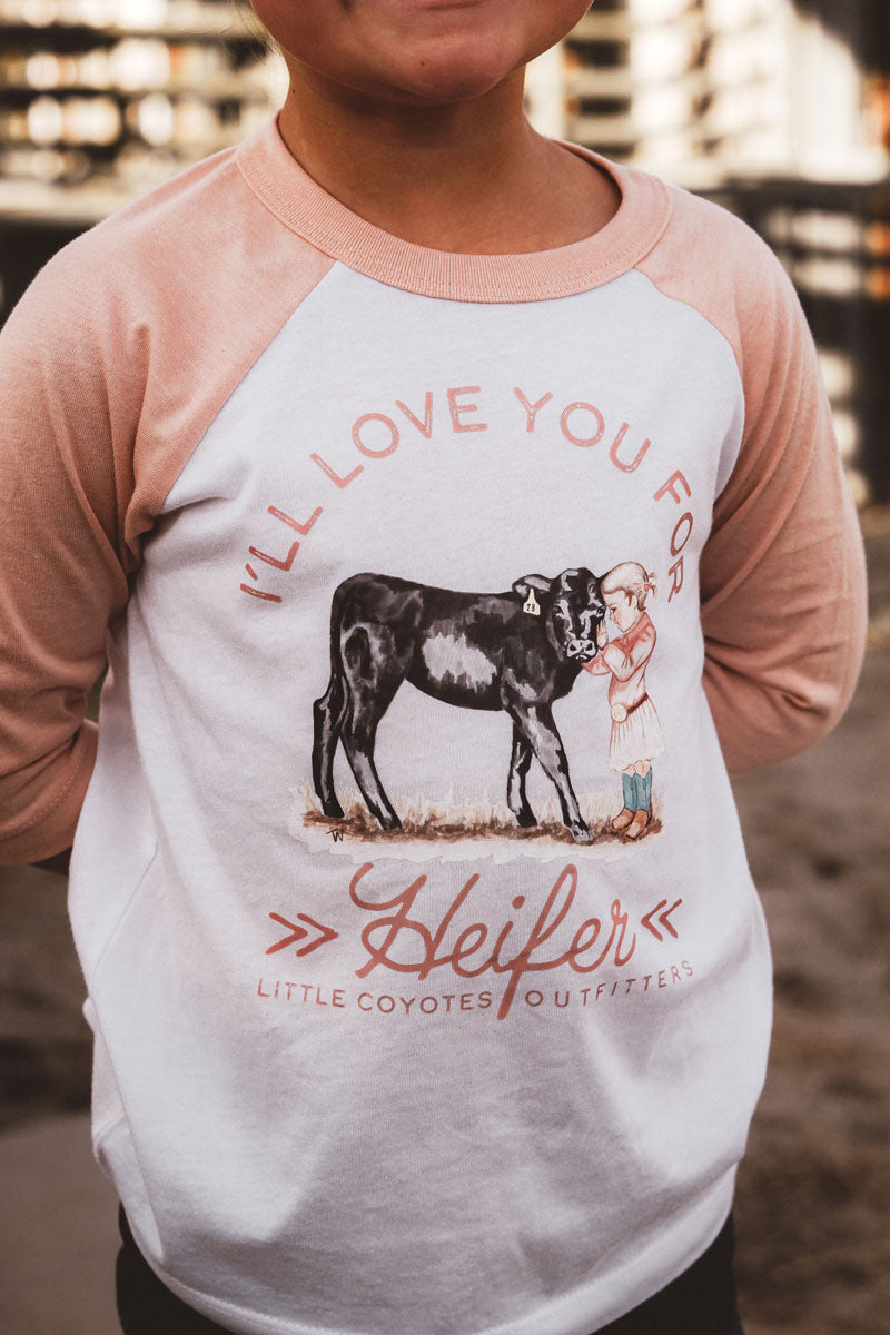 "I'll Love You For Heifer" Kids Graphic Raglan Tee in Peach and White