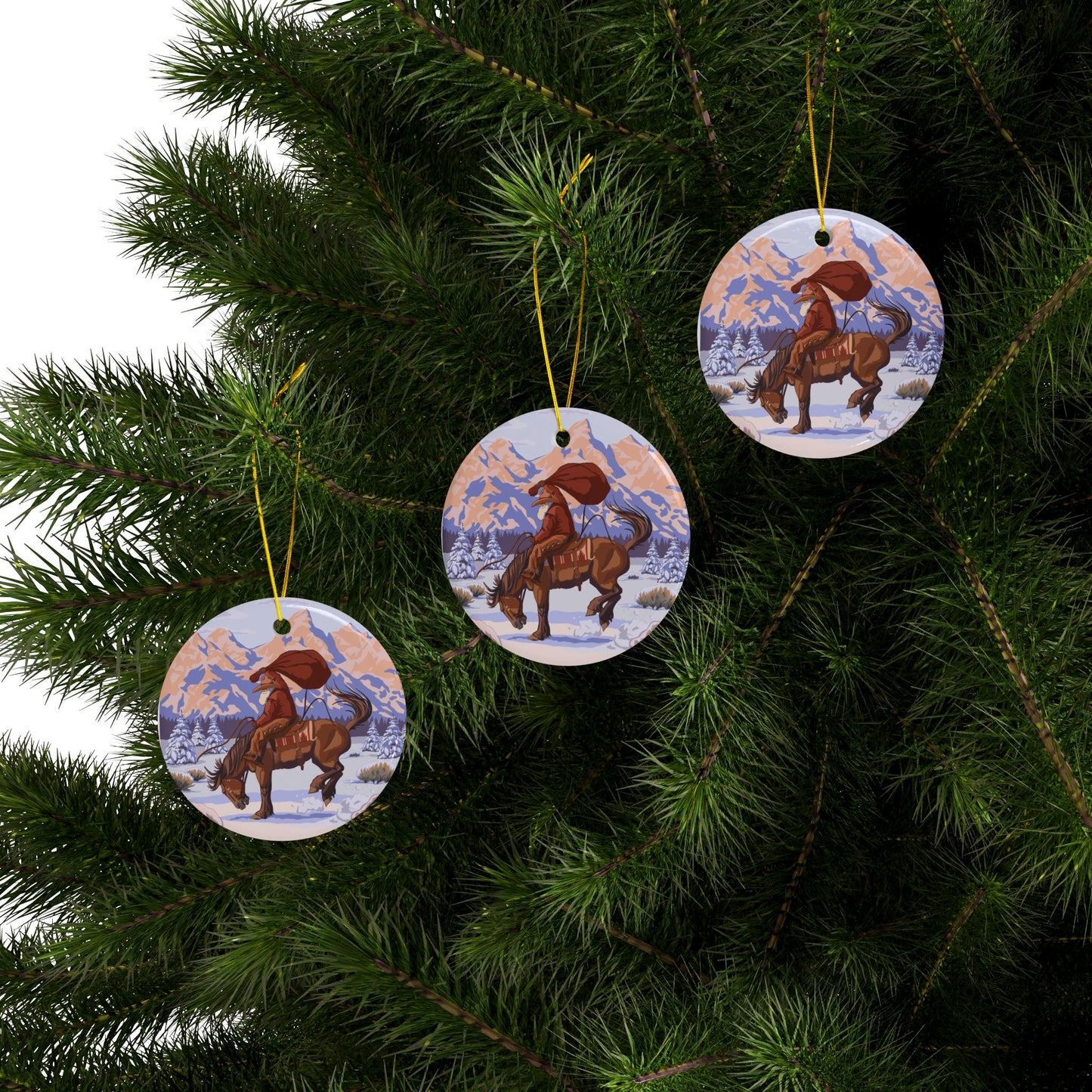 Wyoming Cowboy Santa Flat Ceramic Ornament