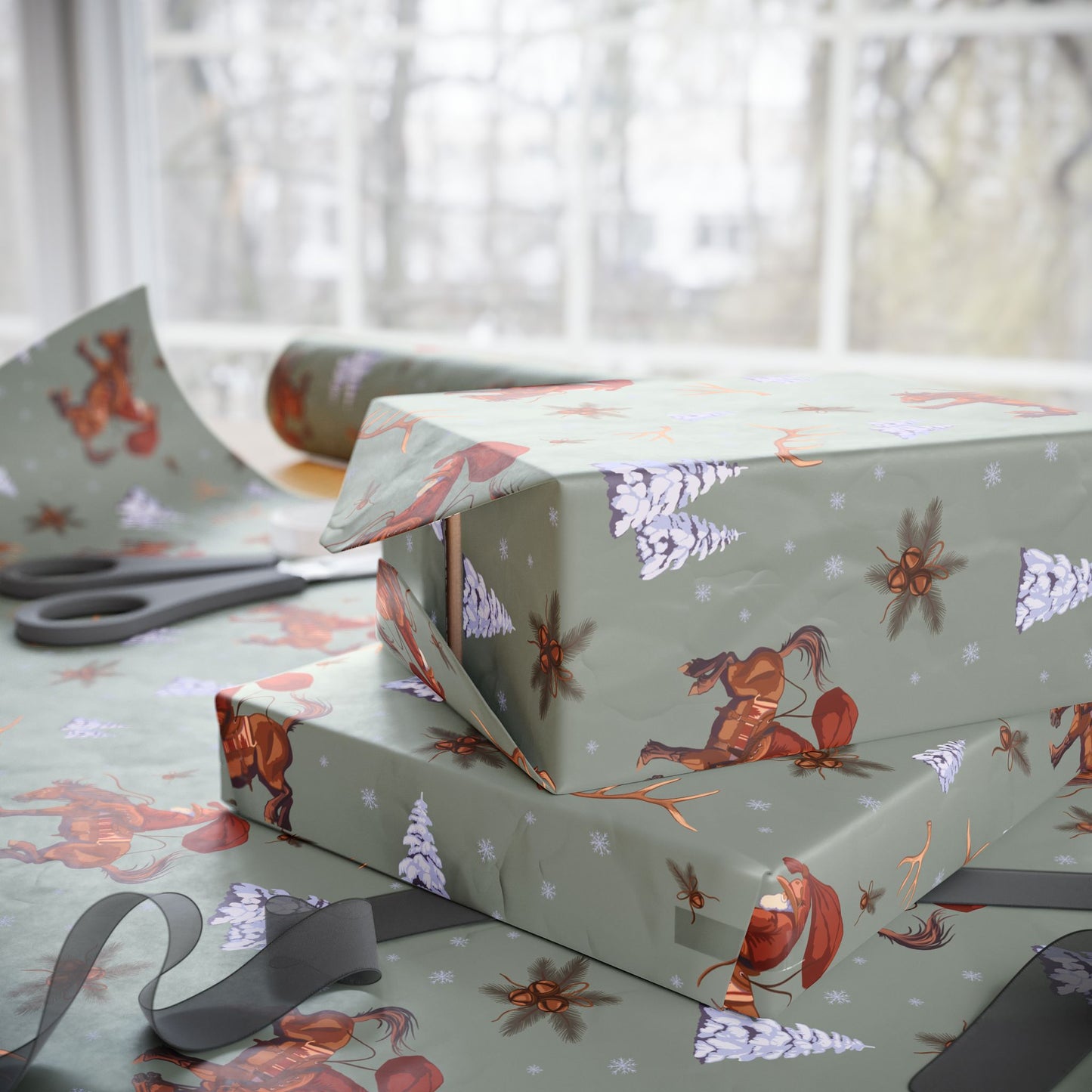 Cowboy Santa Wrapping Paper in Sage
