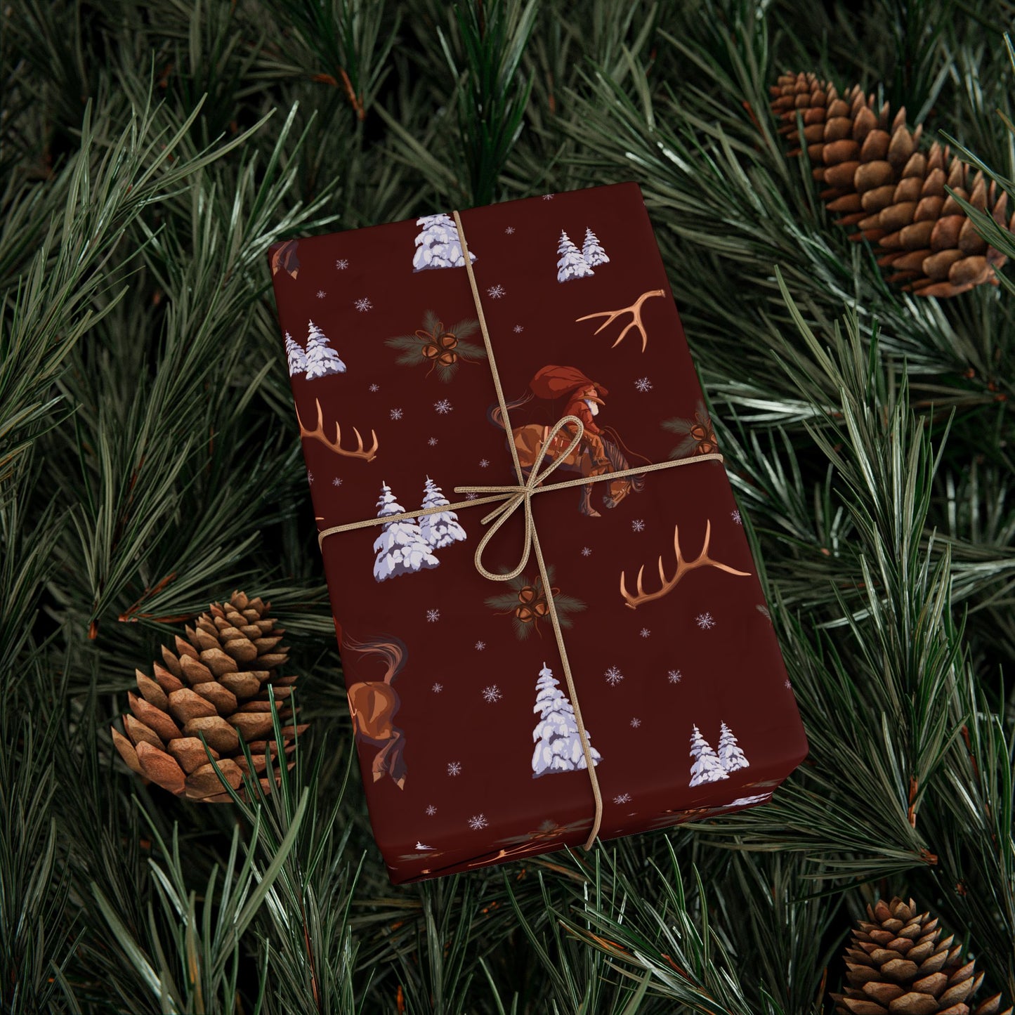 Cowboy Santa Wrapping Paper in Burgundy