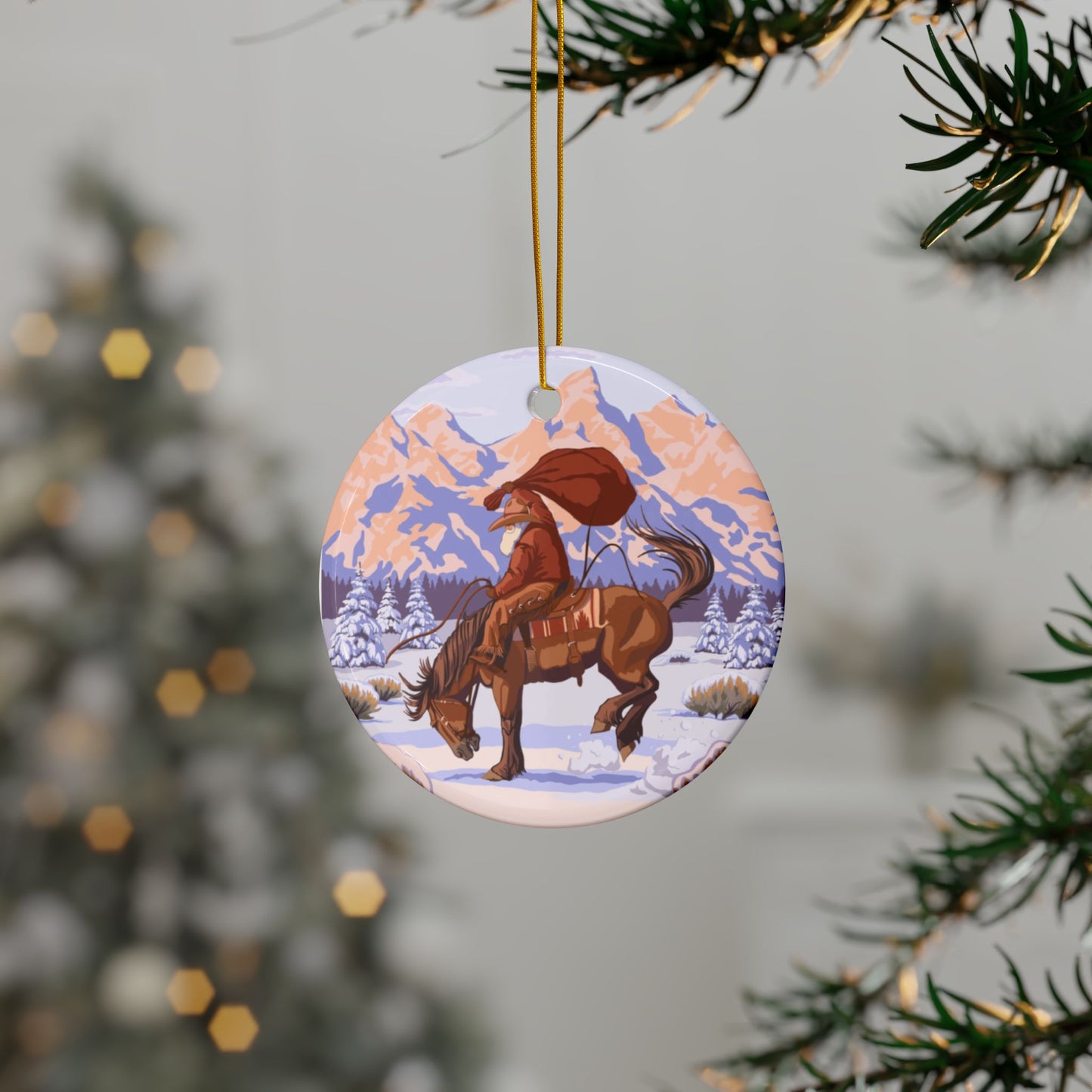 Wyoming Cowboy Santa Flat Ceramic Ornament