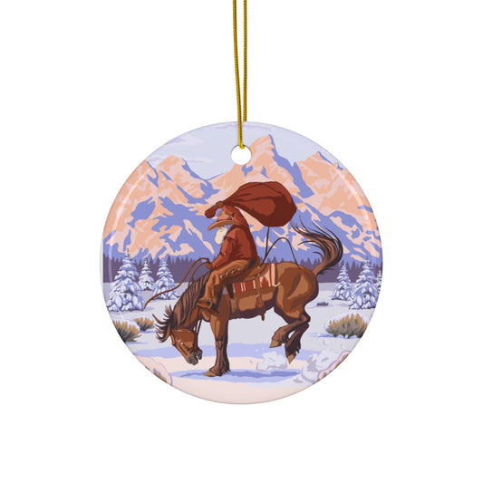 Wyoming Cowboy Santa Flat Ceramic Ornament