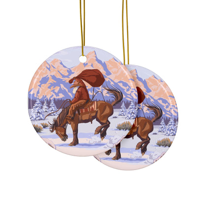 Wyoming Cowboy Santa Flat Ceramic Ornament