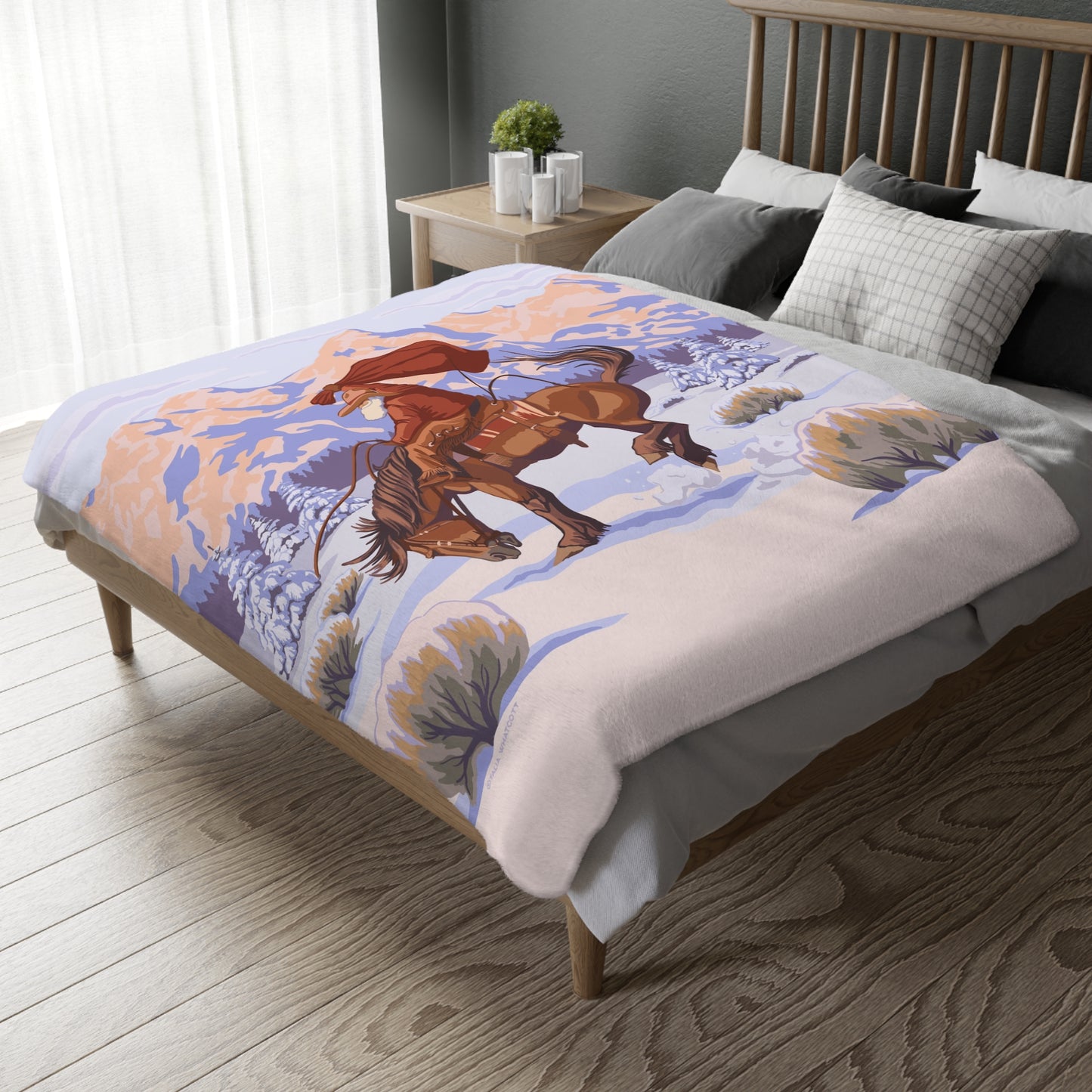 Wyoming Cowboy Santa Velveteen Microfiber Throw Blanket