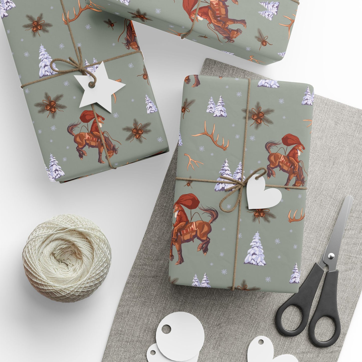 Cowboy Santa Wrapping Paper in Sage