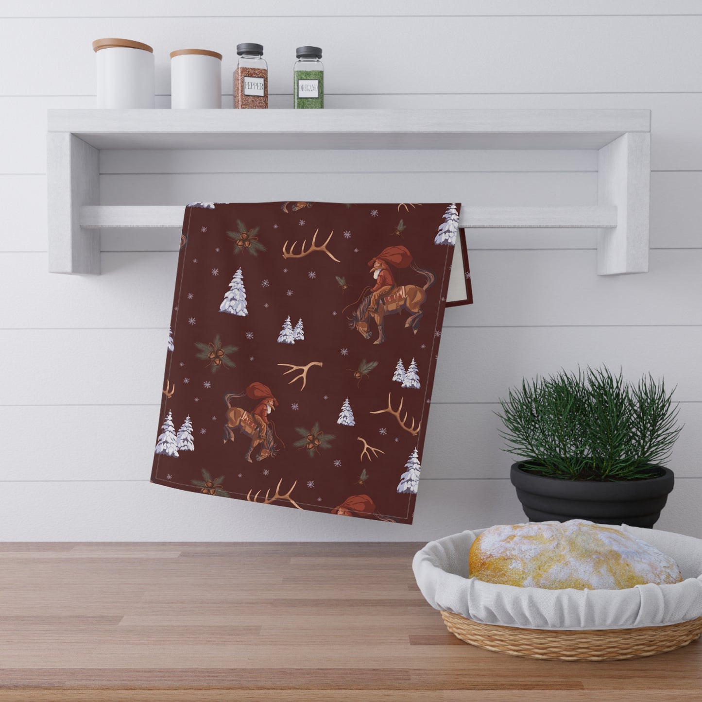 Cowboy Santa Kitchen Towel in Burgundy