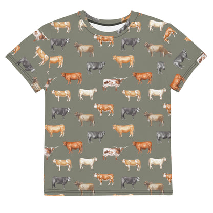 Beef Cows Big Kids Tee in Army Green